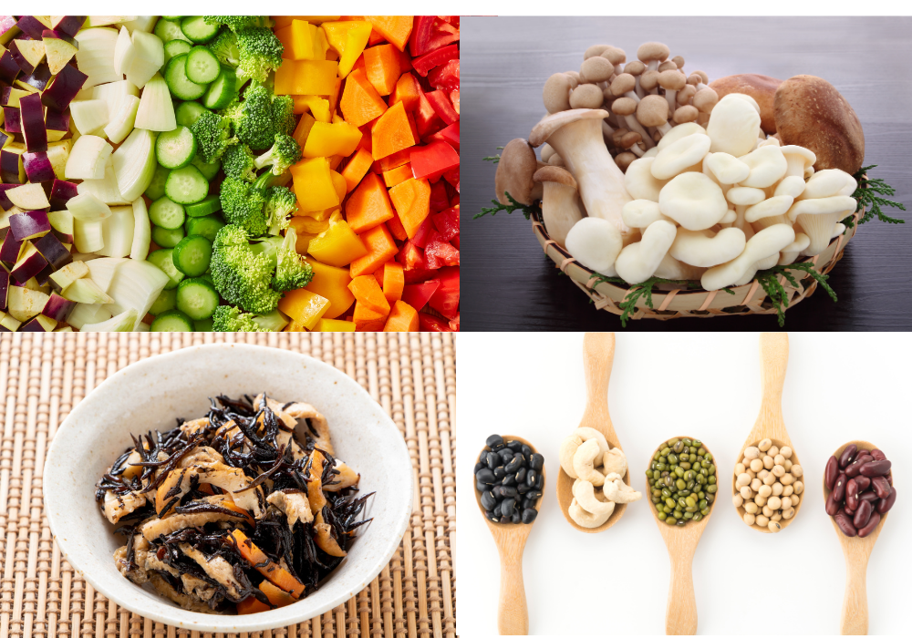 食物繊維の食品(野菜・海藻・豆類など)大腸がん予防に役立つ食物繊維の多い食品のイラスト